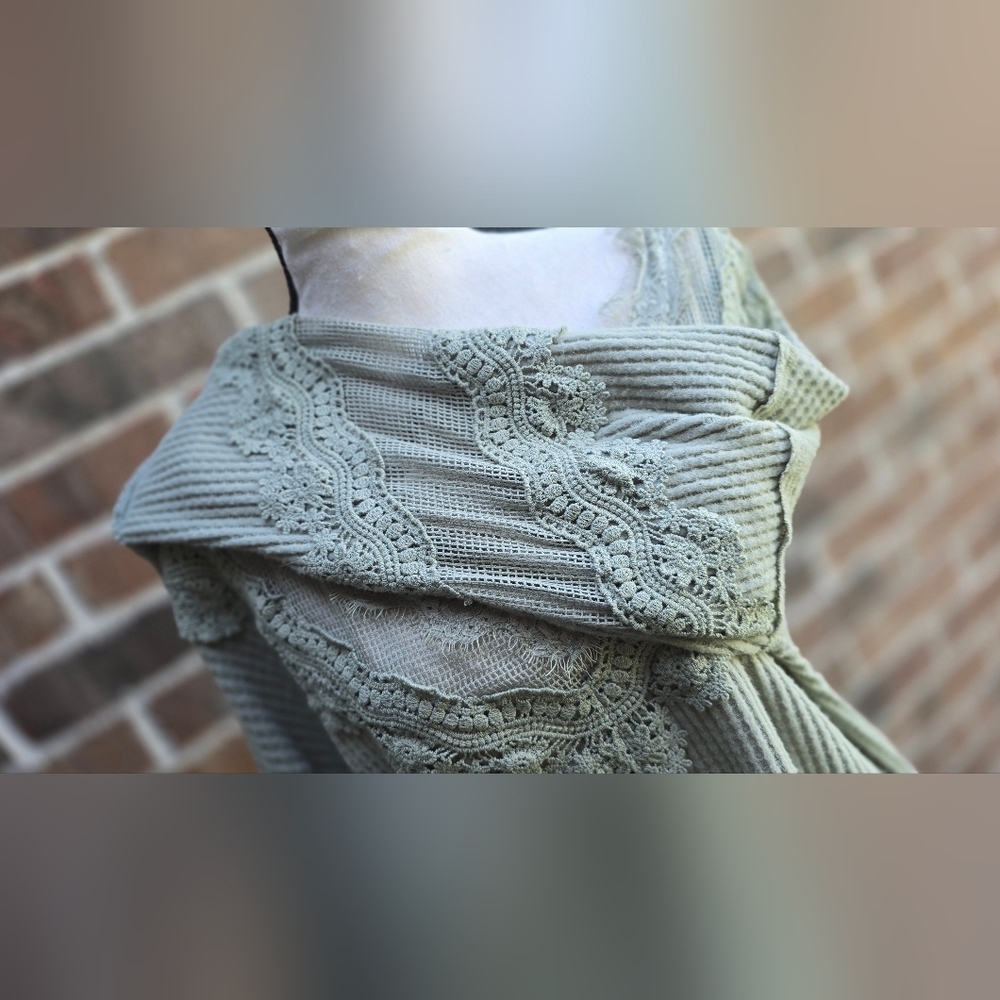 Daytrip Slouchy Sage Green Lace Trim Sweater - Picture 8 of 10
